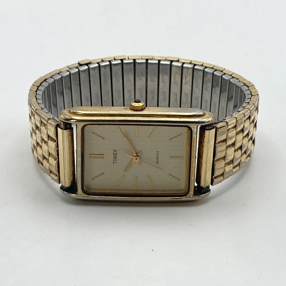 Vintage Timex Men's Tank Watch 25mm Gold Tone Striped Dial New Battery 7
